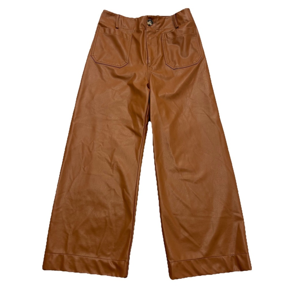 Maeve Anthropologie Colette Faux Leather Crop High Rise Wide Leg Pants Brown 29